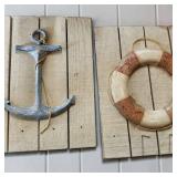 Nautical Wood Plank Plaques W Metal Anchor & Life Preserver Ring 
