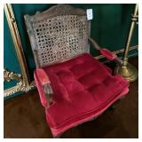 MCM Carved Wood Accent Chair W Woven Cain Back & Deep Red Tufted Velvet Seat