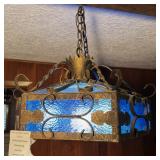 Spanish Revival Chandelier W:Cobalt Blue Glass Panels & Scrollwork Iron Frame 