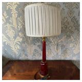 Ruby Red Glass & Brass Column Table Lamp W Stepped Circular Base & Drum Shade