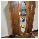 Antique Edwardian-Style Wardrobe W Beveled Oval Mirror, Drawer & Carved Accents