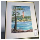 Framed Watercolor Wall Art of Jupiter Inlet Lighthouse, Florida Signed:Dated