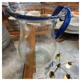 Mexican Hand Blown Bubble Glass Pitcher W:Cobalt Blue Handle & Rim