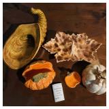 1970s Glazed cCeramic Cornucopia Horn, Maple Leaf Divided Serving Dish