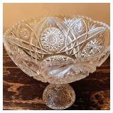 Crystal Pedestal Compote Bowl W Brilliant Cut Geometric Pattern & Sawtooth Rim