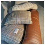 Decorative Throw Pillow Lot - Channel-Tufted Caramel Brown Bolster, Plaid Square