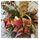 Holiday Floral Arrangement W Burgundy Poinsettias, Gold Eucalyptus & Pinecones