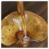 Indiana Daisy Sandwich Pattern Amber Pressed Glass Basket W Looped Handle