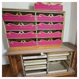 MCM Multi-Drawer Storage Unit In Pink & Gold Harlequin Pattern W Heart Cutouts