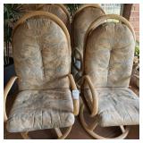 MCM Rattan Swivel Rocking Patio Chairs W Pole Cane Frame & Leaf Pattern Cushions