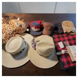 Nanco Belly Buddy Giraffe Plush, Marcus Adler Sun Hat, Buffalo Check Tote