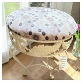 White Wrought Iron Vanity Stool W Leaf & Scroll Apron & Upholstered Cushion