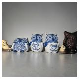 Wise Old Owl Rootbeer Glass Coin,Blue & White Ceramic Chinoiserie Owl Figurines 