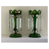 Green Glass Lusters with prisms Green Glass Lusters with prisms