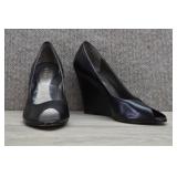 Aldo Black Leather Peep-Toe Wedge Heels