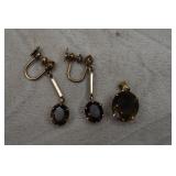 18K Gold Earrings and Pendant w/Smokey Stone