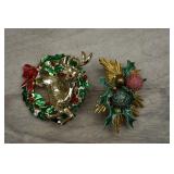 2 Gold Tone Enameled Christmas Brooches