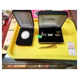 SWANK CUFFLINKS, TIE CLIP, SBA DOLLAR COIN