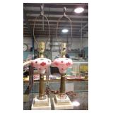 PAIR OF ART GLASS & MARBLE TABLE LAMPS