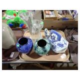 CERAMIC VASES, GLASS CANDLESTICKS