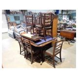 DOUBLE PEDESTAL DINING TABLE W/ 3 LEAVES, 8 CHAIRS