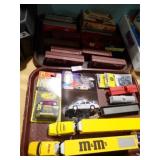 2 TRAYS REPLICA CARS & TRUCKS W/ M&Ms, RR TRAINS