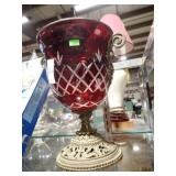 RUBY GLASS WINE CHILLER W/ BRASS BASE 11'