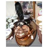 COPPER KETTLE, INLAID TRAY, MILITARY HAT