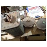 2 IRONS, 2 COOKING POTS, EARLY METAL BIN