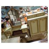 GREEN FLORAL PAINTED VANITY + CABINET, SEAT, MORE
