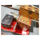 DESK BOXES W/ TOLE, GAME PIECES, STOCK SHARE