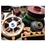 GLASS, SHIP'S WHEEL, WOOD POT