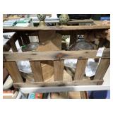 WOODEN CRATE W/ 2 GLASS CHICKEN WATERERS