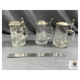 Vintage Etched Glass Beer Steins with Pewter Lids