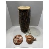 Tribal Drum and Clay Mask Lot. Includes carved...
