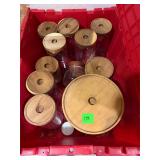 Glass storage jars w/ wooden lids and tote