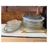 Lot of assorted clear glass pie pans and others