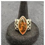Celtic Sterling Silver Marquise Baltic Amber Ring