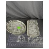 Pressed Glass Trays & 3 Handled Cups