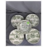 Vernon Kilns Green Transferware Plates, 5 Pc