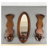 Vintage 3-Pc Wood Wall Sconce & Mirror Set