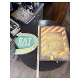 Vintage Metal Eat Here & Barber Shop Signs