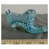 Fenton Aqua Opalescent Hobnail Cat Shoe