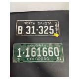 1951 North Dakota & Colorado License Plate Pair Lo