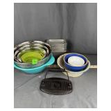 Cast Iron Meat Press Mixing Bowls & Pans Group