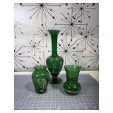 Vtg Anchor Hocking Forest Green Gold Bud Vase Set