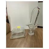 Cut Glass Bride Basket and Etched Butter Dish