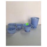 Blue Milk Glass Cups Creamer & Sugar Lot