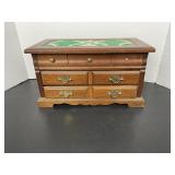 Wooden Jewelry Box Chest Green Tapestry Lid