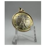 14K Gold Bezel 2002 1 Euro Coin Pendant 8.31g